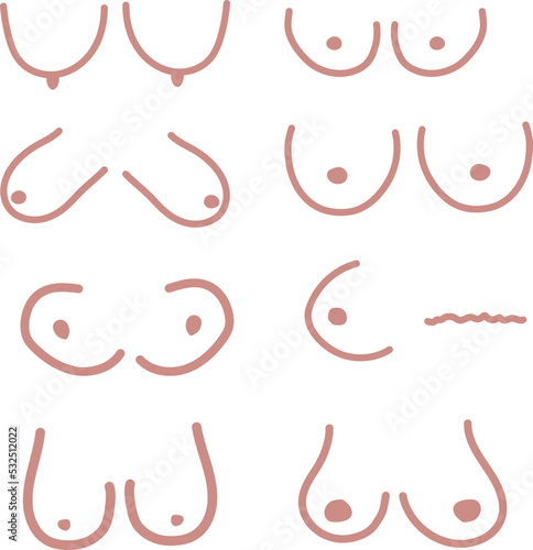 Different types of female breast hand drawing, set of breasts illustration flat style, multiple breast silhouettes