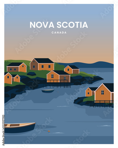 cityscape from the harbor in Nova Scotia landscape background. Travel to Nova Scotia Canada. cartoon vector illustration with minimalist style.