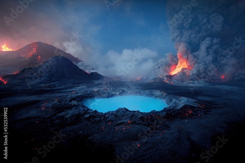 An illustration of the blue volcano in Indonesia, Kawah Ijen Volcano, Sulfuric Gas.