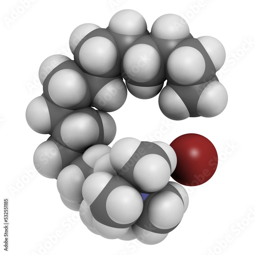 Cetrimonium bromide antiseptic surfactant molecule, 3D rendering.