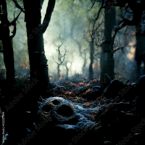 spooky ghoul in dark misty forest in autumn