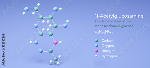 n-acetylglucosamine, molecular structures, monosaccharide glucose, 3d model, Structural Chemical Formula and Atoms with Color Coding