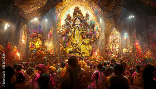 AI generated photos of a large pandal for Durga puja in Kolkata, India for the occasion of the Hindu festival of Dasara/Dussehra