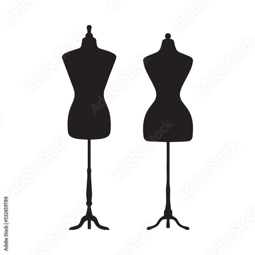 Vintage mannequin for female body. Manikin icon. Black empty torso dummy for woman and man clothes, vector art image illustration, isolated on white background, silhouette design