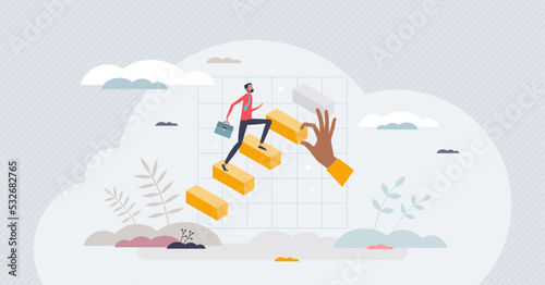 Promotion steps climbing as successful career growth tiny person concept. Employee evolution and position improvement with financial growth vector illustration. Businessman progress determination.