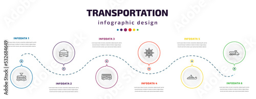 transportation infographic element with icons and 6 step or option. transportation icons such as trolleybus, taxi, double decker bus, ship helm, pt boat, litter car vector. can be used for banner,