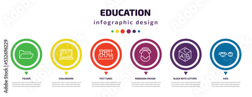 education infographic element with icons and 6 step or option. education icons such as folder, chalkboard, test tubes, robinson crusoe, block with letters, kids vector. can be used for banner, info