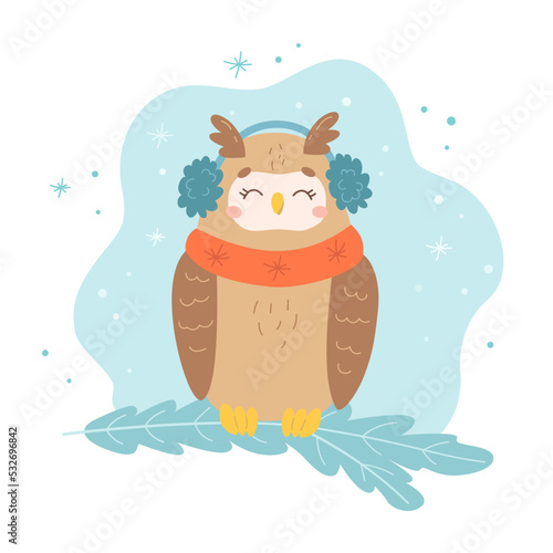 Vector winter owl is sitting dressed in scarf and earmuffs on the branch of tree. Cute seasonal cartoon character of brown wild bird in snow for christmas party