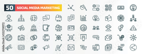 set of 50 special lineal social media marketing icons. outline icons such as social normal, user avatar, mass media, net, suggestion, mexican man, overlap, buttons, post stamp, square bubble line