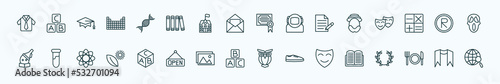 special lineal education icons set. outline icons such as uniform, dna, diploma, robinson crusoe, registered, tube, block with letters, abc, comedy mask, lunch, sash line icons.
