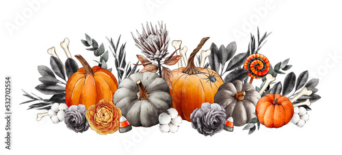 Watercolor Halloween illustration with bright pumpkins, black flowers and leaves, bones drawn by hand. Halloween illustration for sticker, invitation, poster, packaging, designs, cards