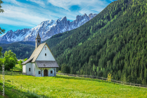 Alpine Church, chapel in Dolomites alps near Bolzano, Italy