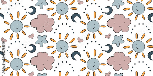 Very cute baby pattern, design for newborns, baby clothes, baby wallpapers and cards. Sun, clouds, stars, hearts.