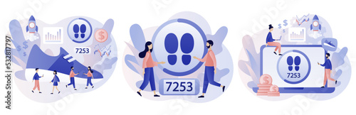 Step counter. Pedometer, fitness tracker concept. Walking to earn money mobile app. Digital sneaker. Crypto currency coin. Modern flat cartoon style. Vector illustration on white background