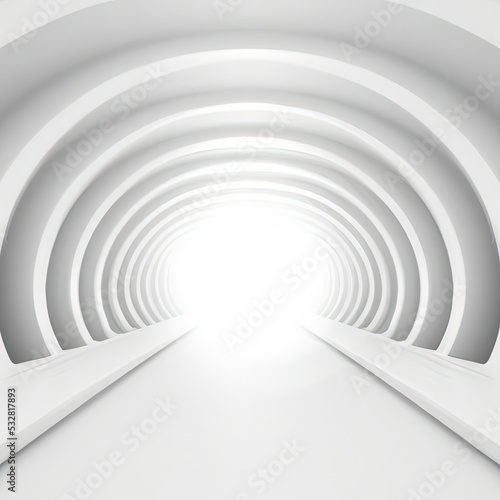 Modern white interior with tunnel space 3d rendering image. White curved corridor. There is light at the destination