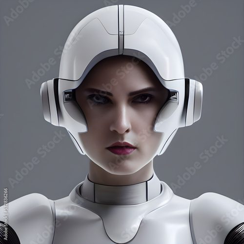 A sleek, high-tech android stands in a bright, white room. It has a human-like face and body, but its eyes are soulless and cold. Its skin is smooth and shining, without a blem