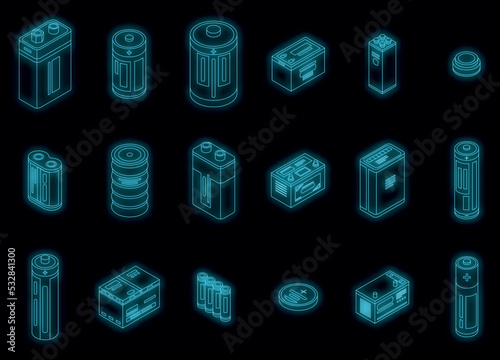 Battery icons set. Isometric set of battery vector icons neon color on black