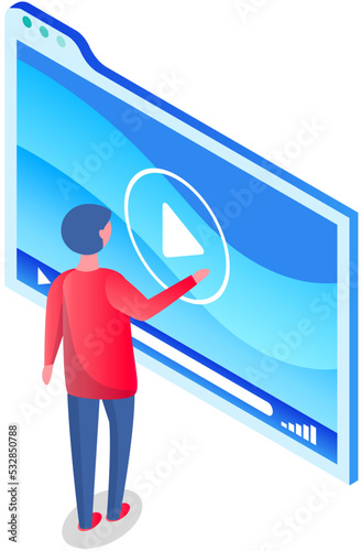 Person turns on player to view lesson or video. Application for watching movie, digital information film vector illustration. Cartoon character selects video, online tutorial on virtual screen