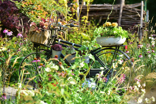 A bicycle decorated with flowers