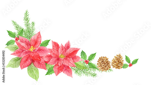 Watercolor painting of poinsettia corner decoration with transparent background 