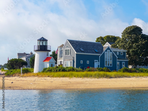 Hyannis Harbor Lighthouse was built in 1849 at Hyannis Harbor in Lewis Bay, village of Hyannis, town of Barnstable, Cape Cod, Massachusetts MA, USA. 
