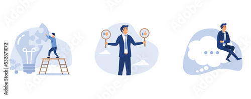 smart businessman assemble last piece of jigsaw to complete lightbulb idea puzzle, smart businessman holding waring thumb up and thumb down sign, thoughtful businessman sitting like thinker on thinkin