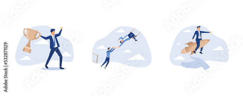 Celebrate work achievement, businessman trapeze perform jumping and catch by partner, confident businessman riding launching company rocket in supporter hand, set flat vector modern illustration