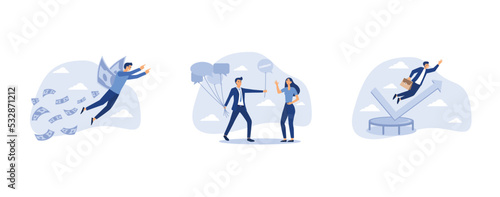 Financial success, businessman holding group of speech bubble balloons as member opinions, businessman jump bouncing high on trampoline with green rising up performance arrow graph, set flat vector mo