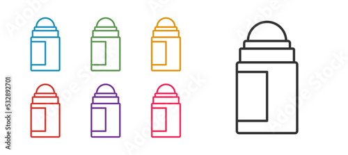 Set line Antiperspirant deodorant roll icon isolated on white background. Cosmetic for body hygiene. Set icons colorful. Vector