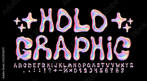 Liqud holo font. Iridescent alphabet, holographic numbers and melted letters 3D vector set 