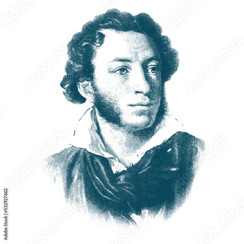 Engraving vector portrait of Russian writer Alexander Pushkin. The great poet, playwright.