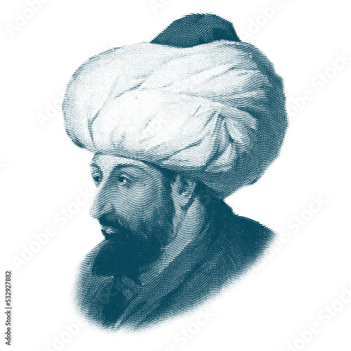 7th sultan of the Ottoman Empire. Portrait drawing of Fatih Sultan Mehmet. Isolated vector.