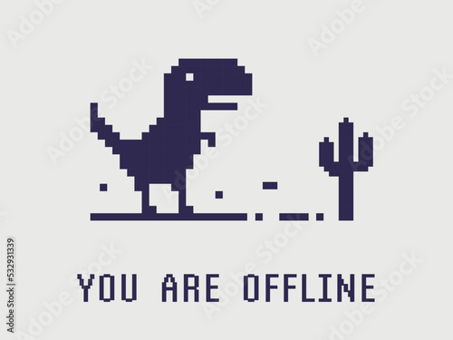 No internet connection pixel dinosaur offline art bad connection vector computer digital web concept network technology.