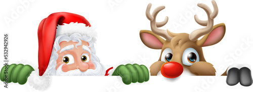 Cartoon Santa Claus or Father Christmas and his reindeer peeking over a sign