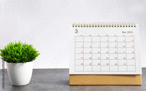 March 2023 Desktop calendar for planners and reminders on wooden table with plant pots on a white background.
