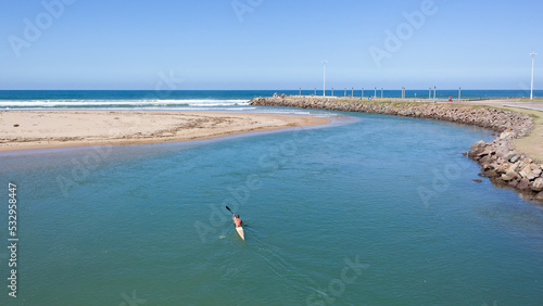 Canoe Athlete Paddler Paddling River Mouth Ocean Overhead Coast Landscape