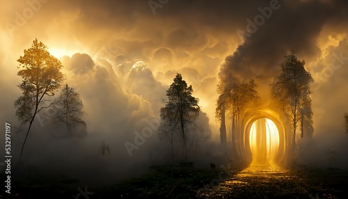 portal in dense smoke in the form of clouds. portal to the underworld. The edge of the portal glows yellow. Portal to another world, magical realism, parallel world, ancient runes, relics. 3d render