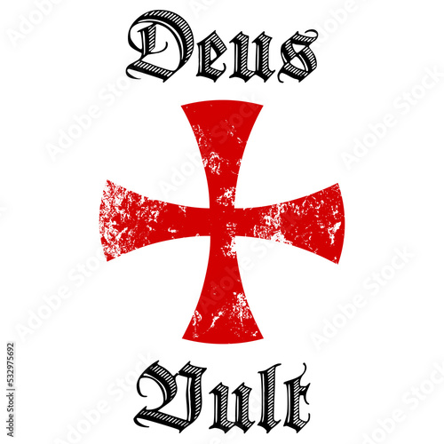 Deus vult. A Christian motto relating to Divine providence. It was first chanted by Catholics during the First Crusade in 1096. Grunge templar red cross. Knights crusader symbol. Vector illustration.