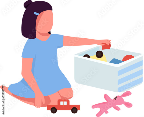 Child with toy box semi flat color raster character. Sitting figure. Full body person on white. Playground isolated modern cartoon style illustration for graphic design and animation