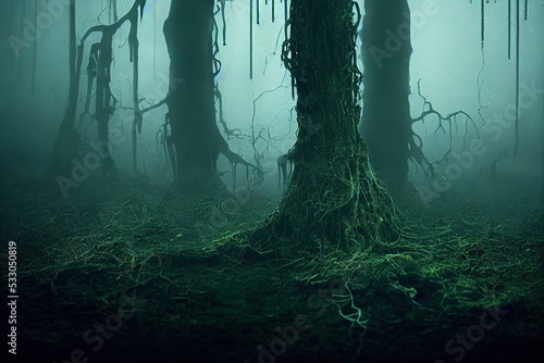 Generative AI A beautiful and eerie green swamp environment. Digital 3D illustration made to look like photography with no reference