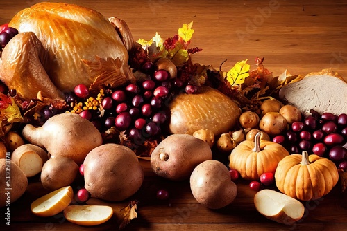 A fresh-cooked turkey dinner for the Thanksgiving holiday with all the fixins - cranberries, potatoes, and more.
