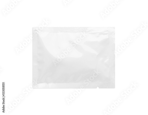 Blank sachet with wet wipe on white background, top view. Space for design