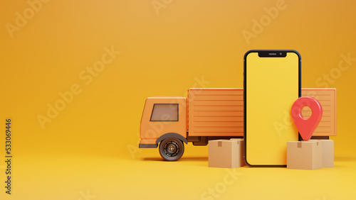 online delivery on mobile illustration with truck and box