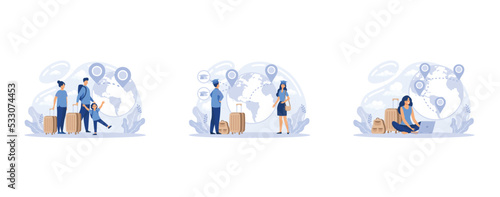 Human capital, International migration, brain drain, digital nomad, trained workers, buisness start up, leave country, set flat vector modern illustration
