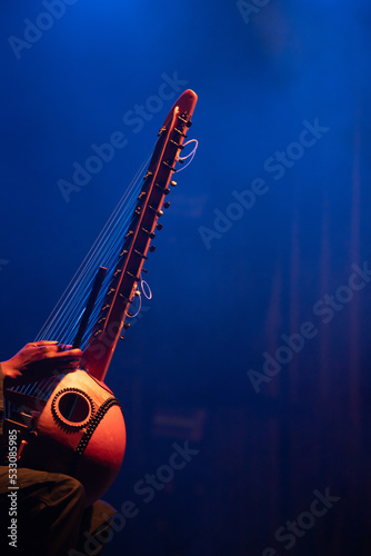 Muscian playing a string insturment called the Kora.