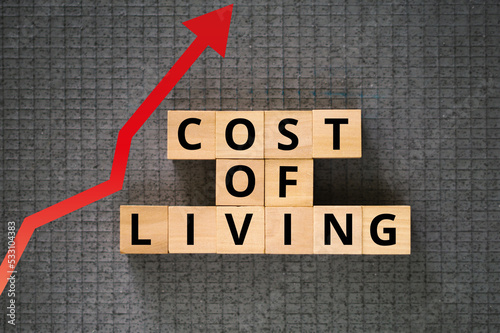 Cost of Living words on cubes dark rough background with red arrow chart