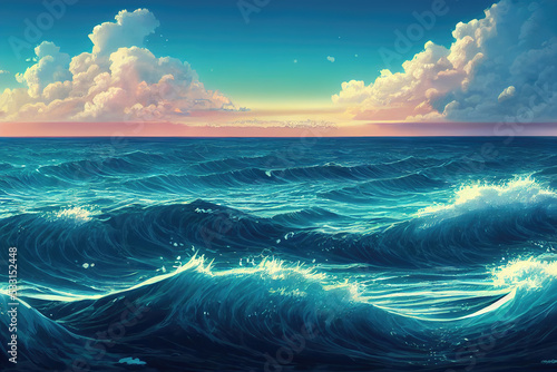 anime landscape illustration with waves, shining waves