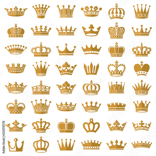 Gold crown icons. Queen king golden crowns luxury royal on blackboard.