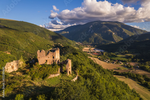 Aerial view of castle ruins in Marche region in Italy 