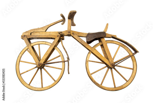 Wooden bicycle, boneshaker, isolated on white background